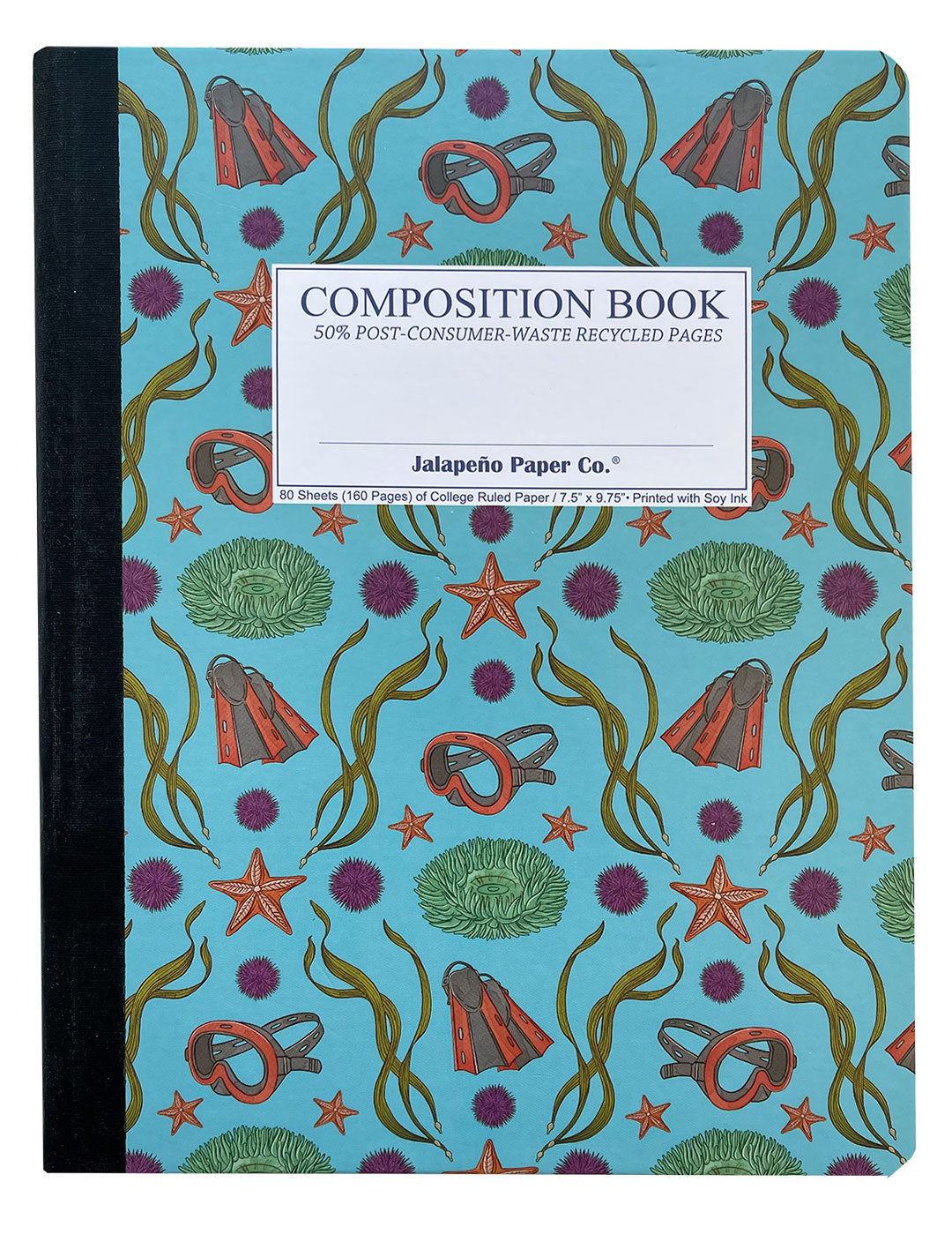 Composition notebook printed with snorkeling gear and sea urchins on blue