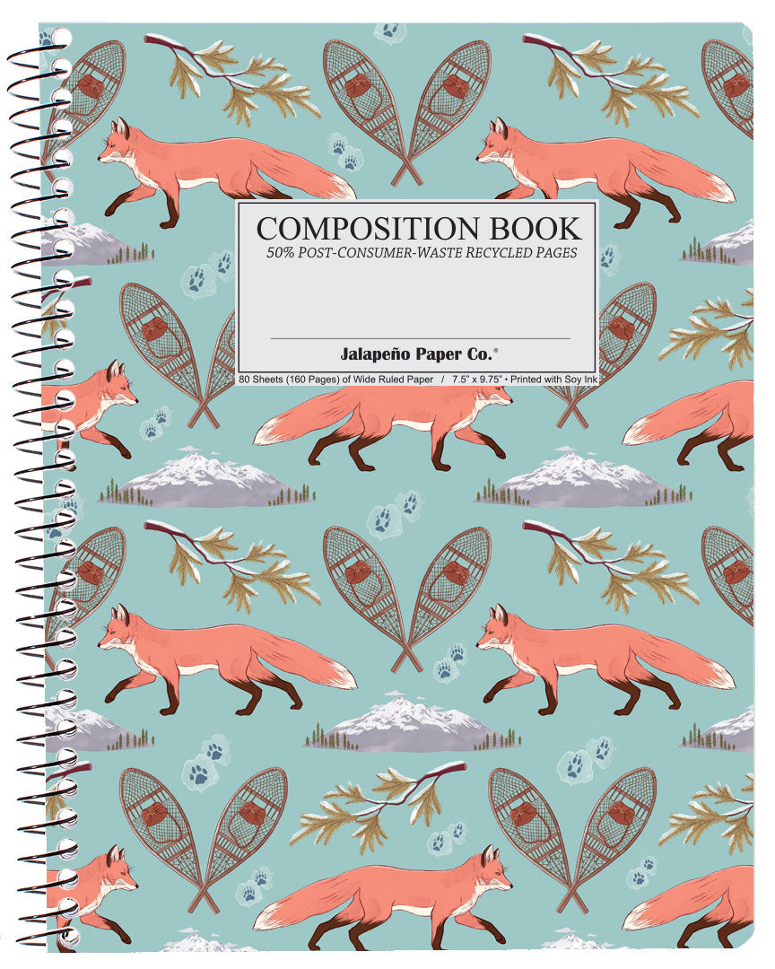 Spiral notebook printed with foxes and snowshoes on blue