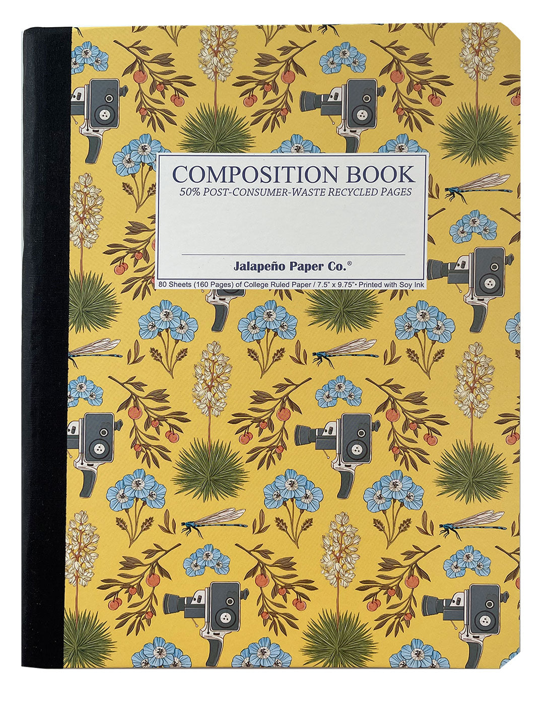 Composition notebook printed with movie cameras, dragonflies and oranges