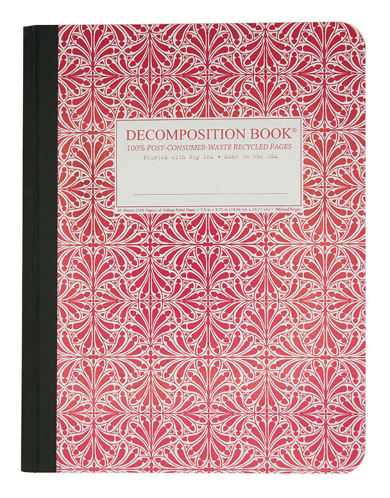 Composition notebook printed with a geometric pattern in red