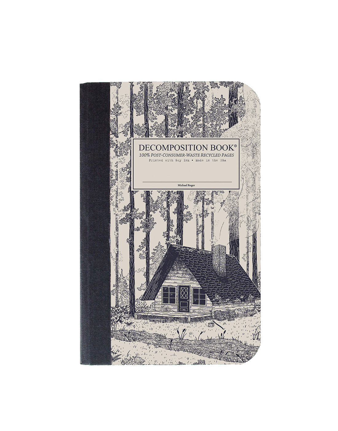 Composition notebook printed with a woodsy cabin in blue