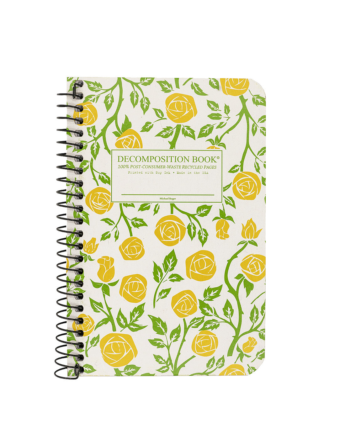 Spiral notebook printed with yellow roses and green vines