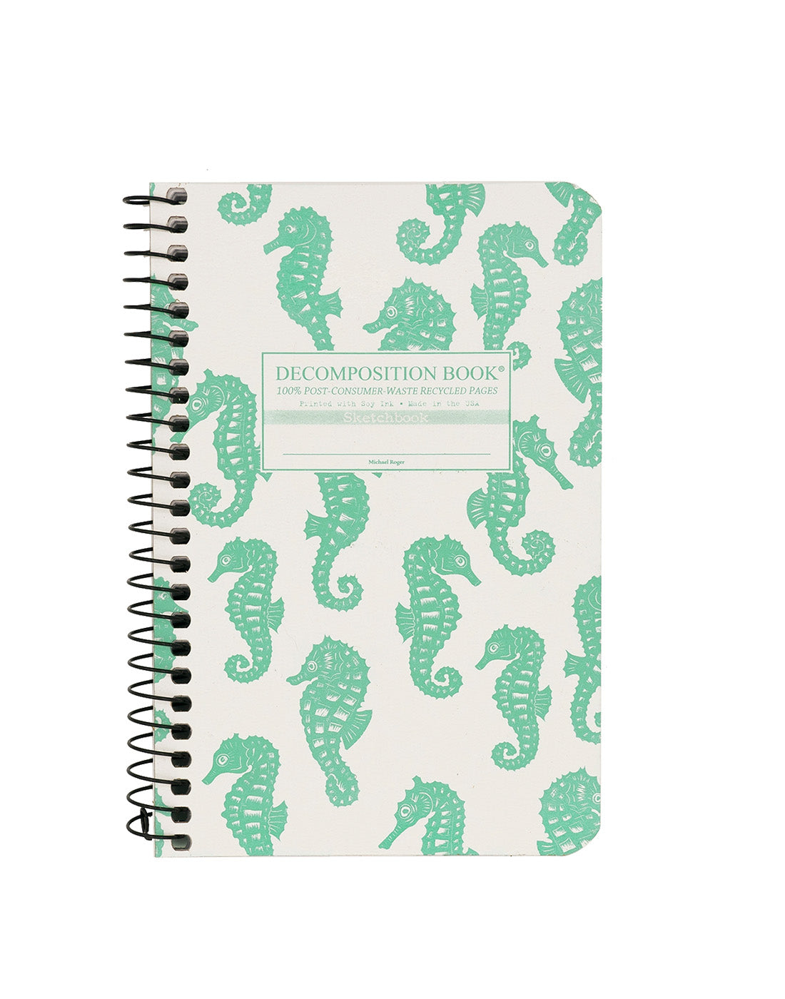 Spiral notebook printed with green seahorses