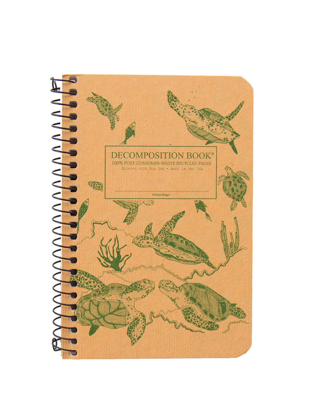 Spiral notebook printed with green turtles on yellow