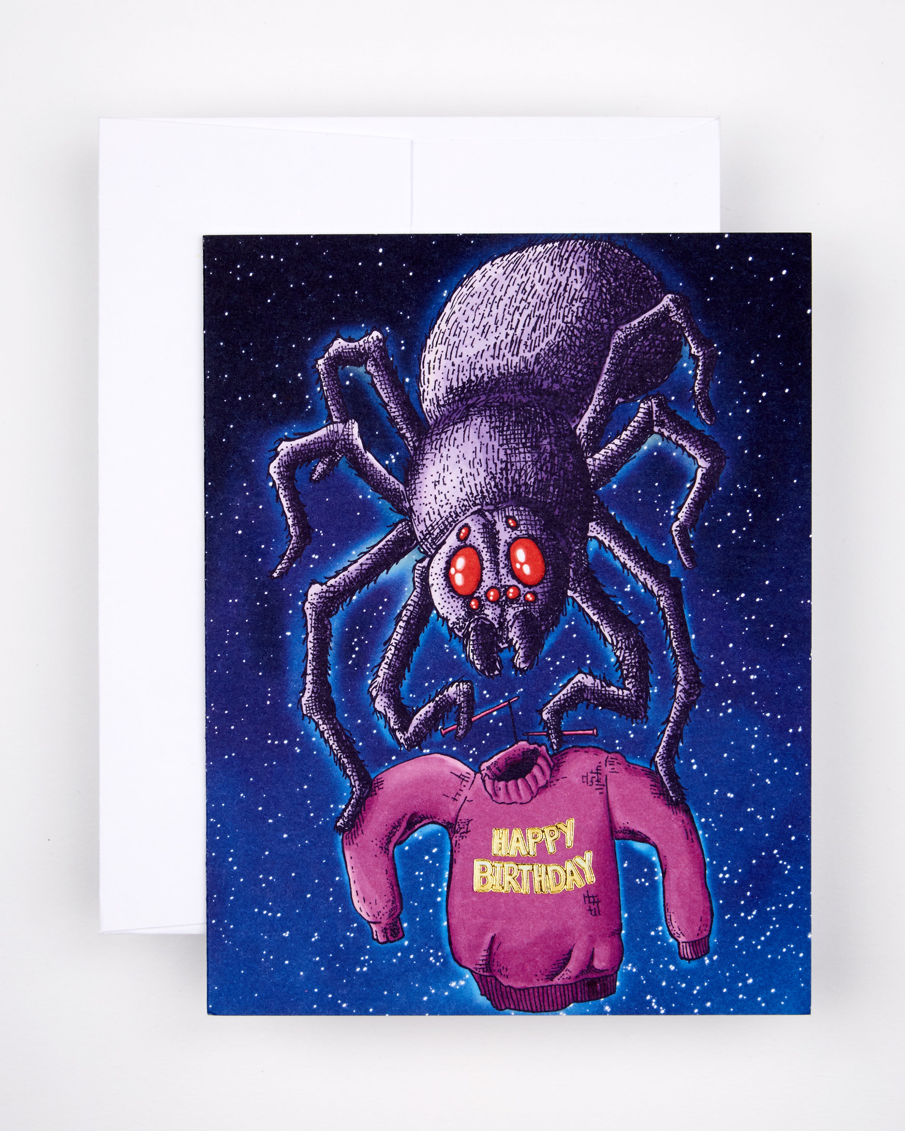 Greeting card with the text Happy Birthday on a sweater knitted by a spider