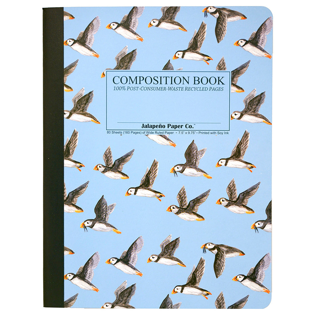 Composition notebook printed with flying birds on blue