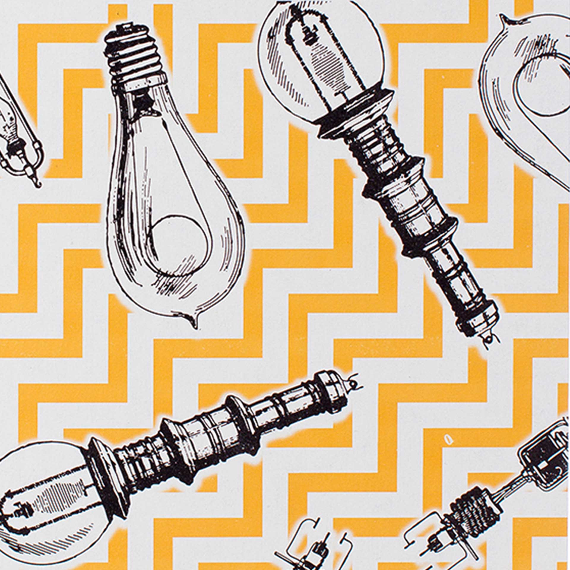 Closeup of a vintage lightbulb and yellow chevron print
