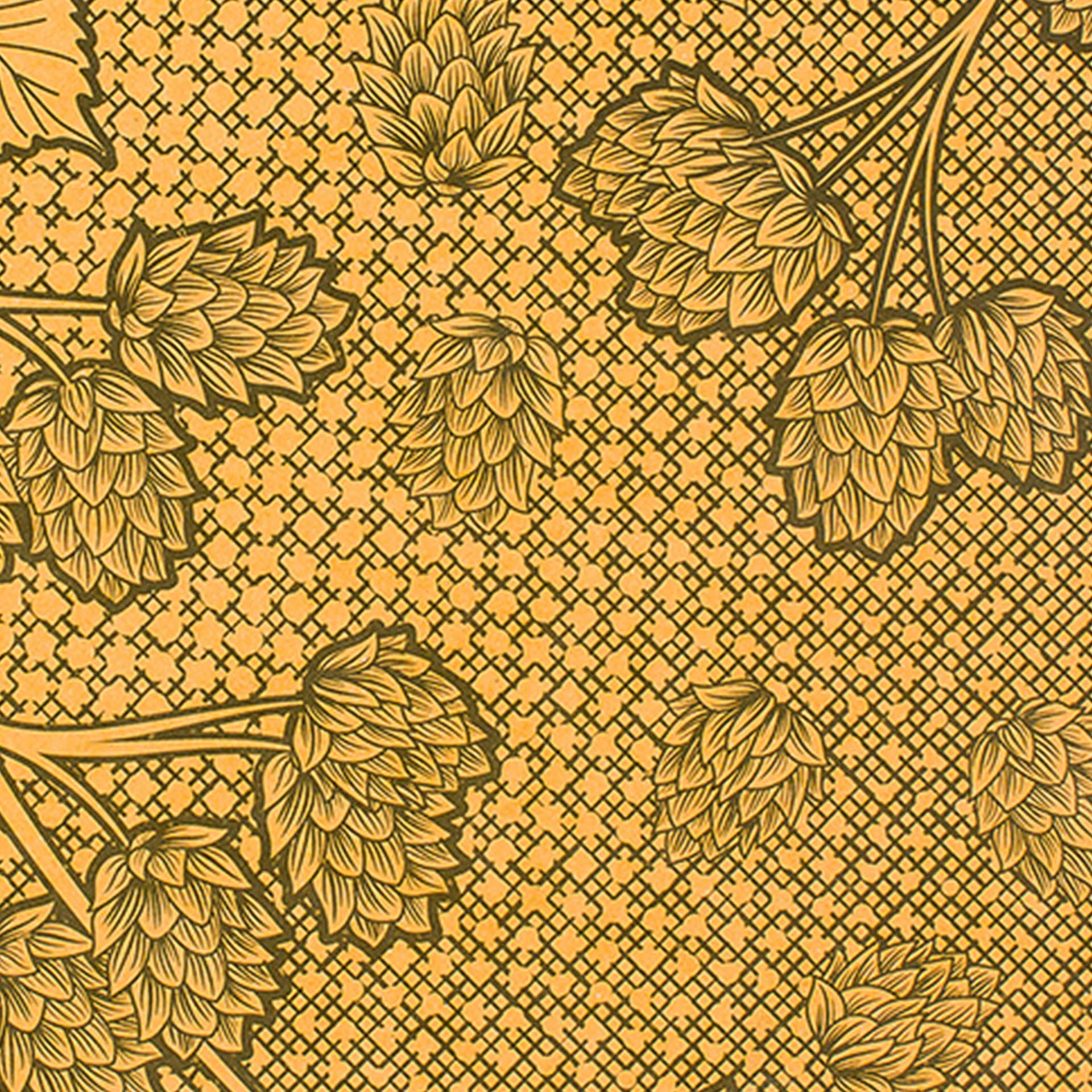 Closeup of green hop flowers printed on yellow