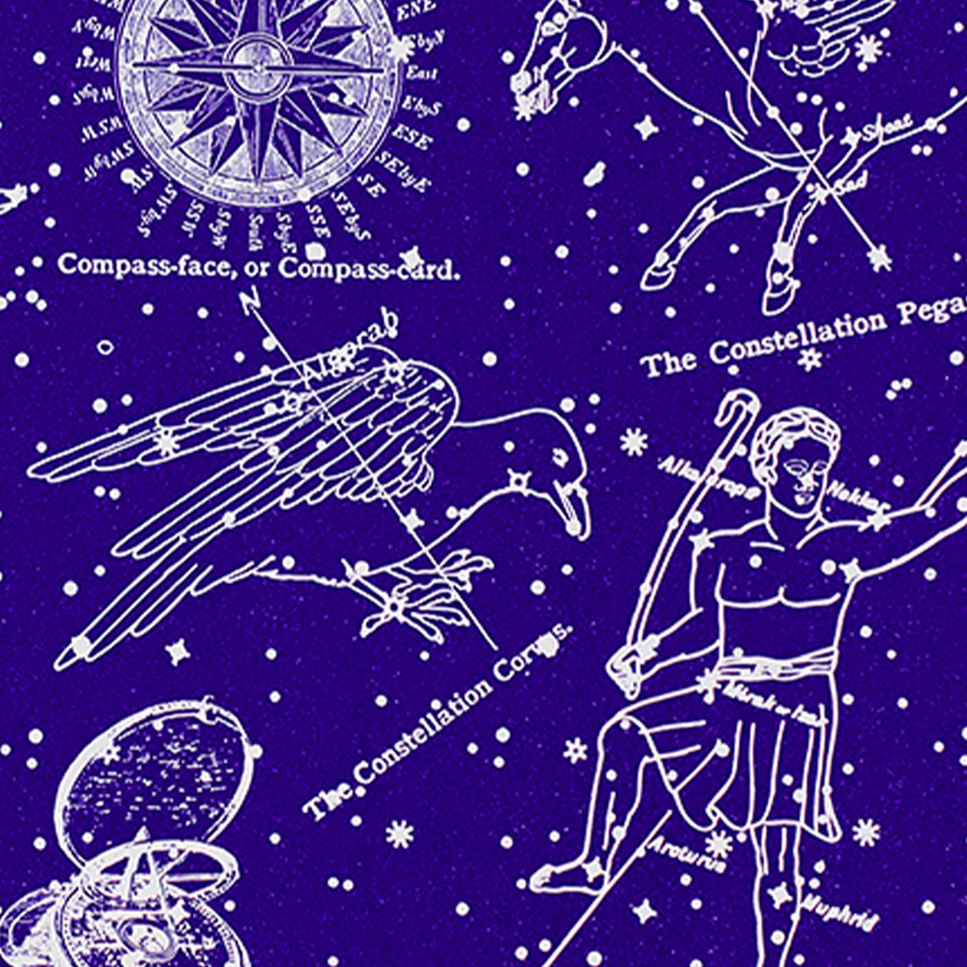 Closeup of stars and vintage constellation illustrations in blue