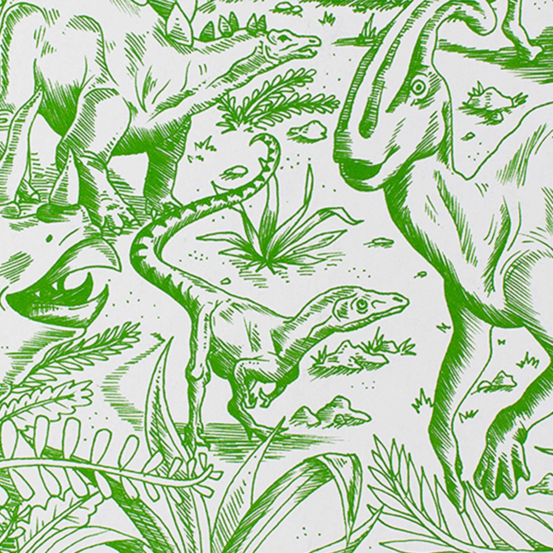 Closeup of dinosaurs in green on white