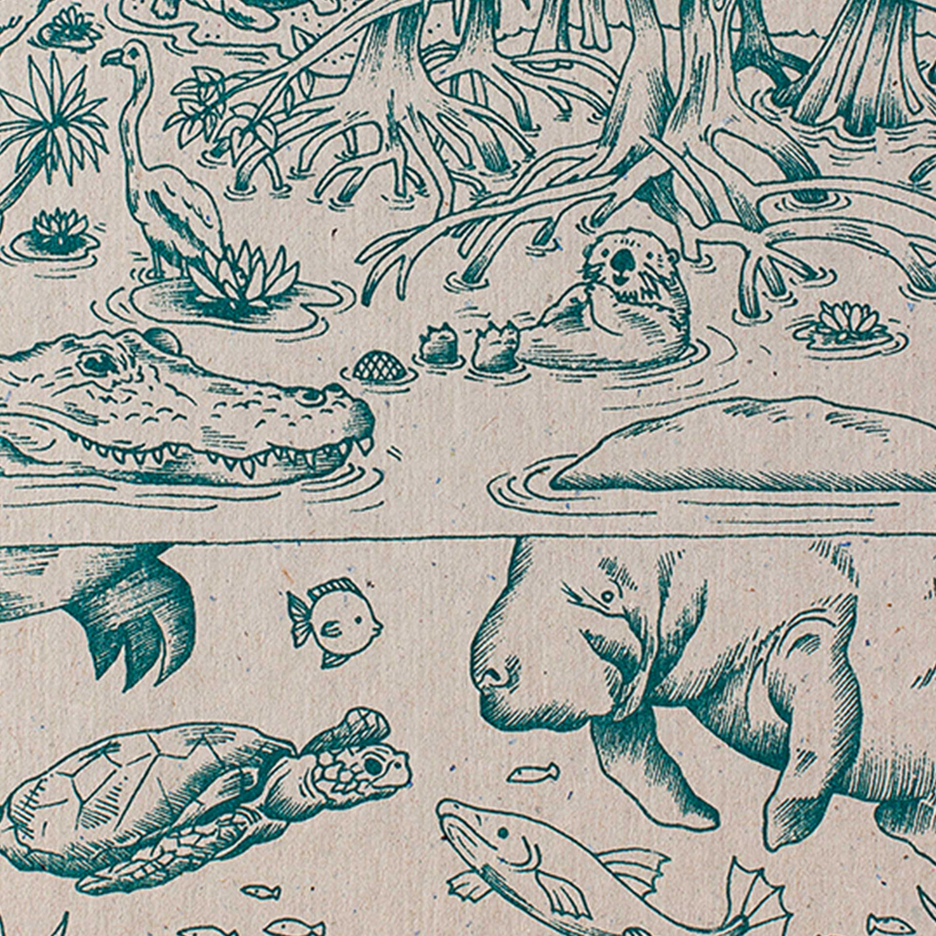 Closeup of printed with animals in a marshy forest