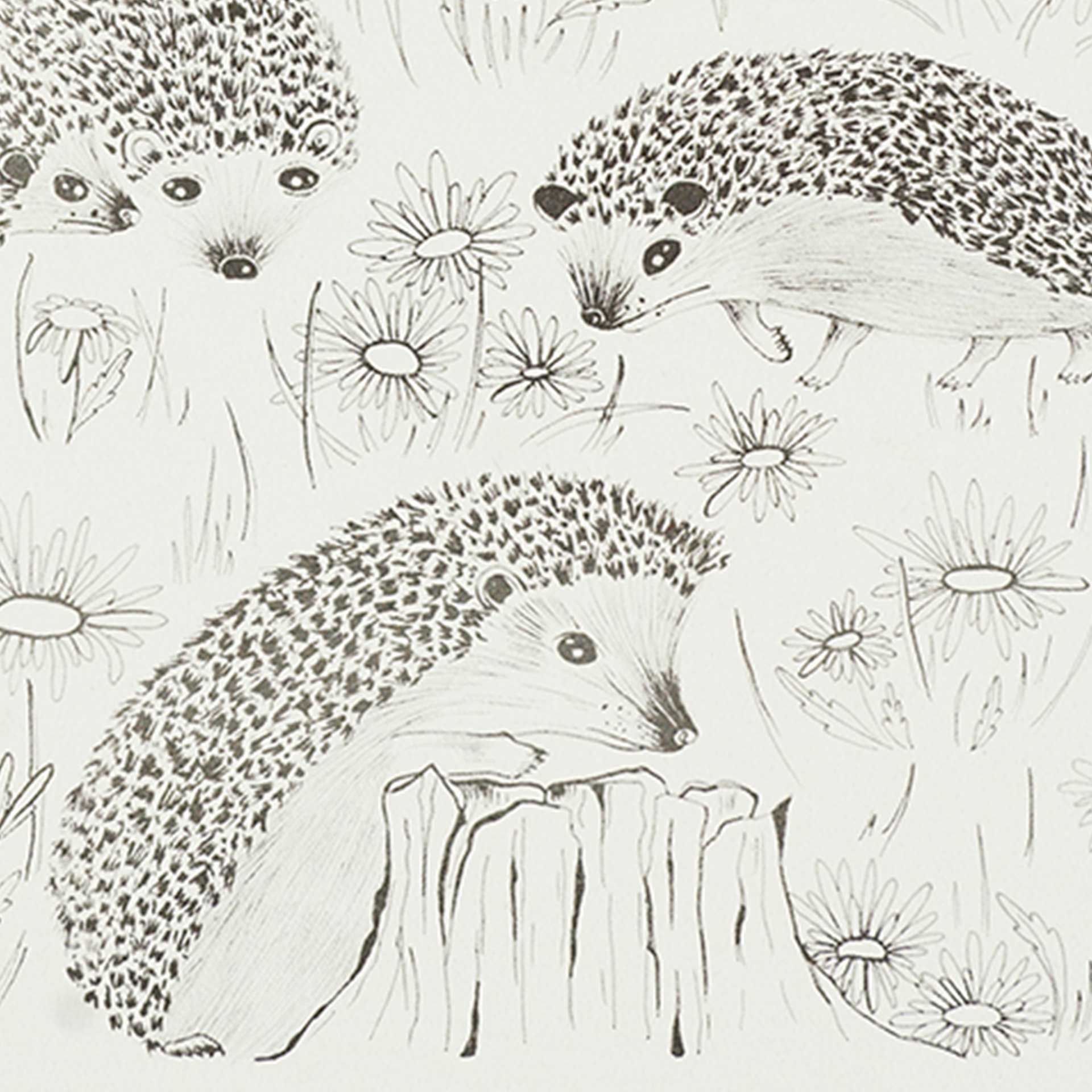 Closeup of printed hedgehogs and flowers in gray