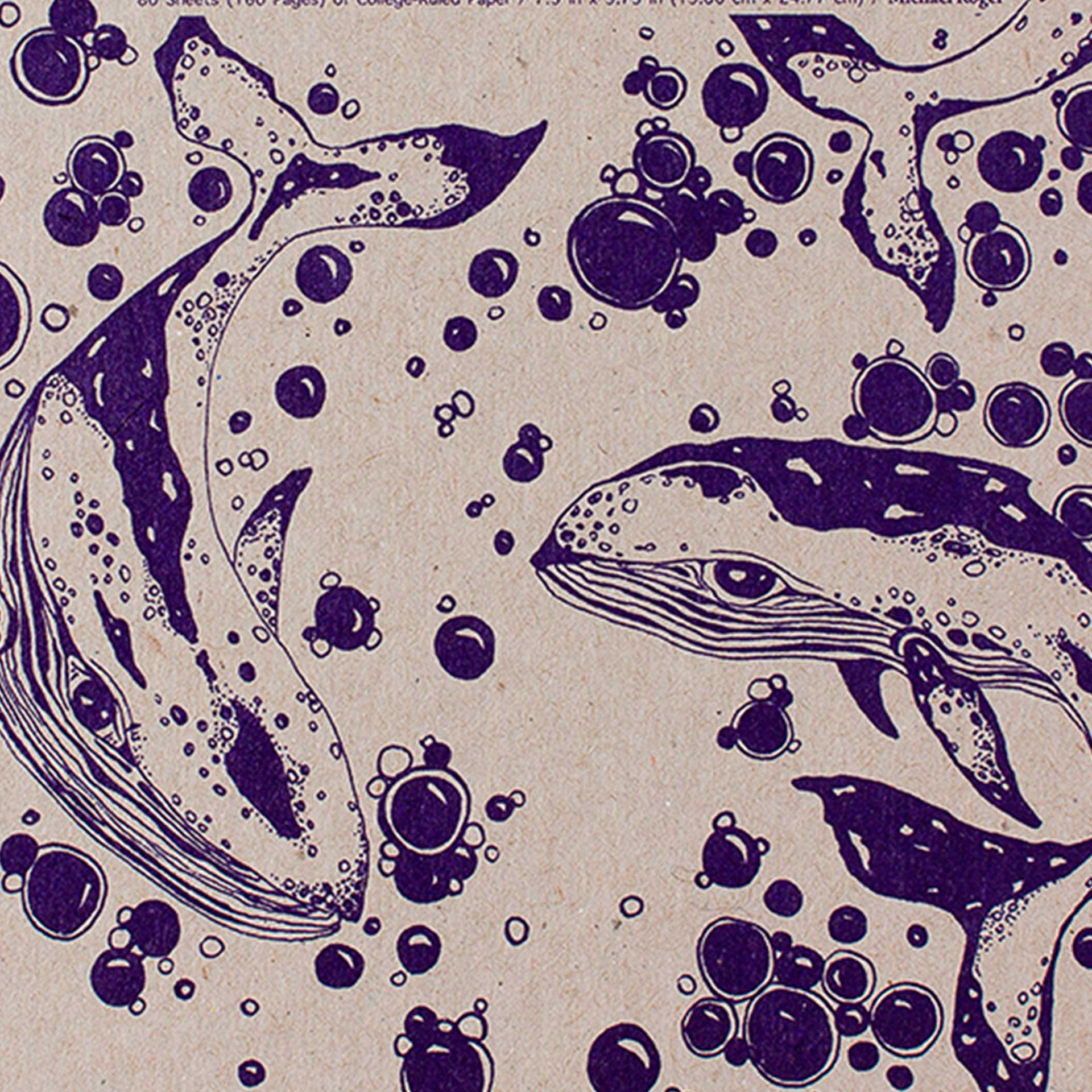Closeup of printed whales and bubbles in purple