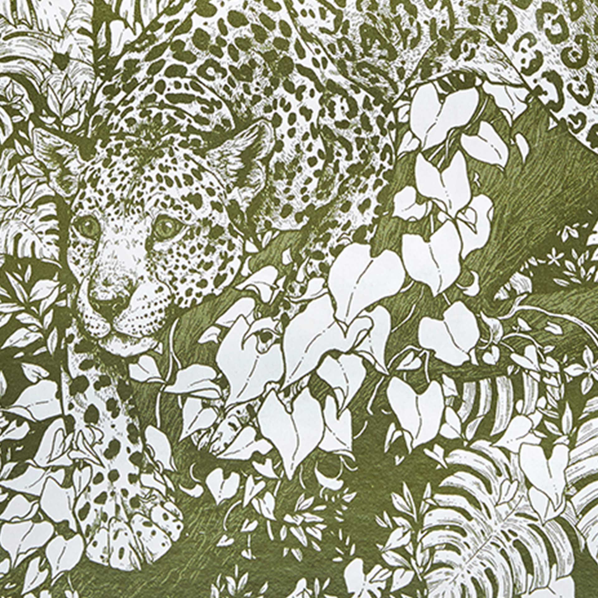 Closeup of a jaguar crouched in a forest printed in green