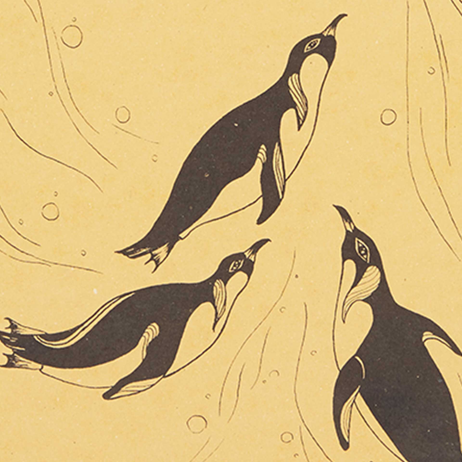 Closeup of printed penguins swimming in black and yellow