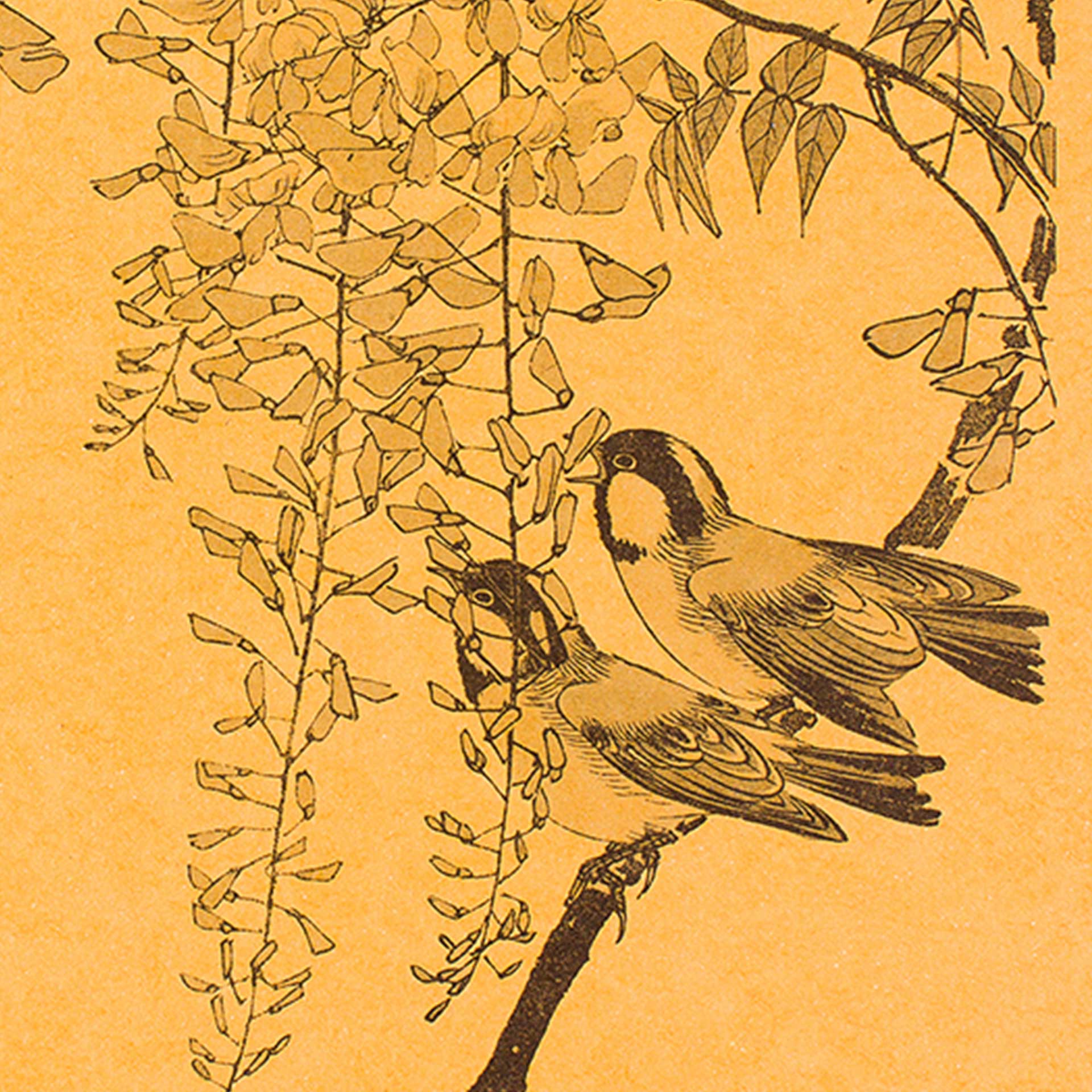 Closeup of small birds on a branch printed in brown and yellow
