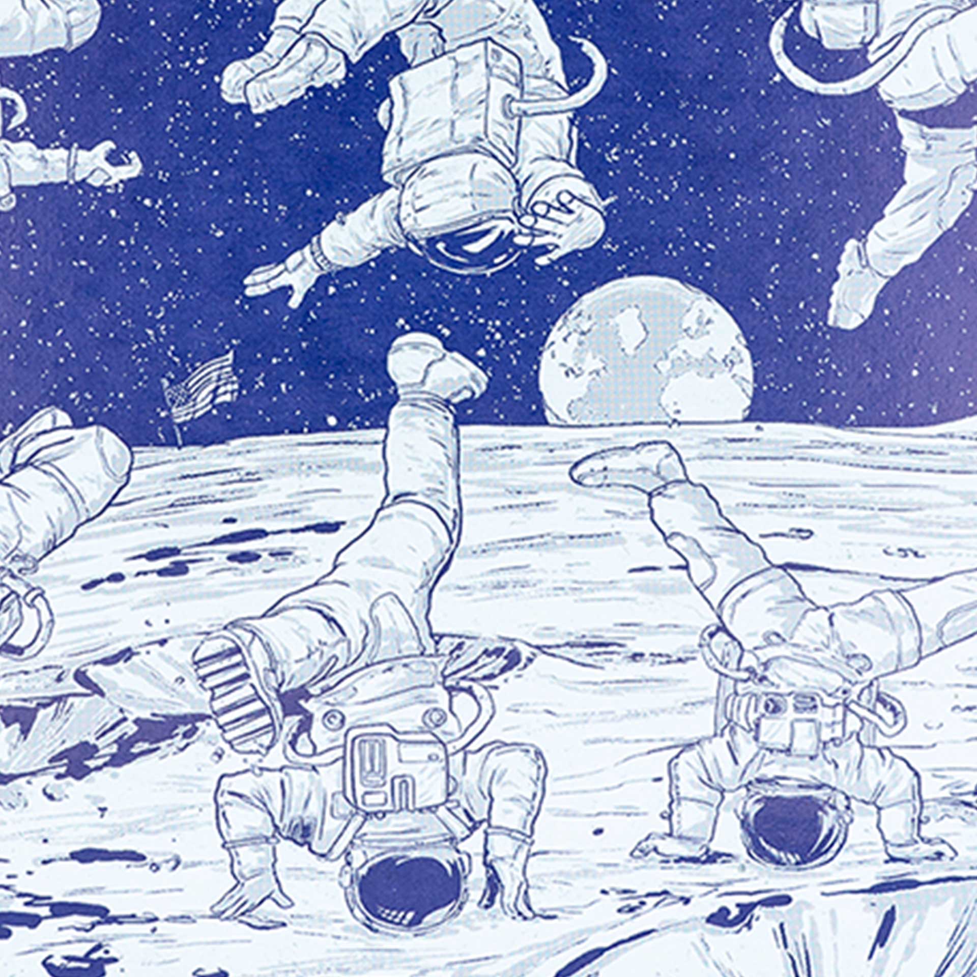 Closeup of breakdancing astronauts on the moon