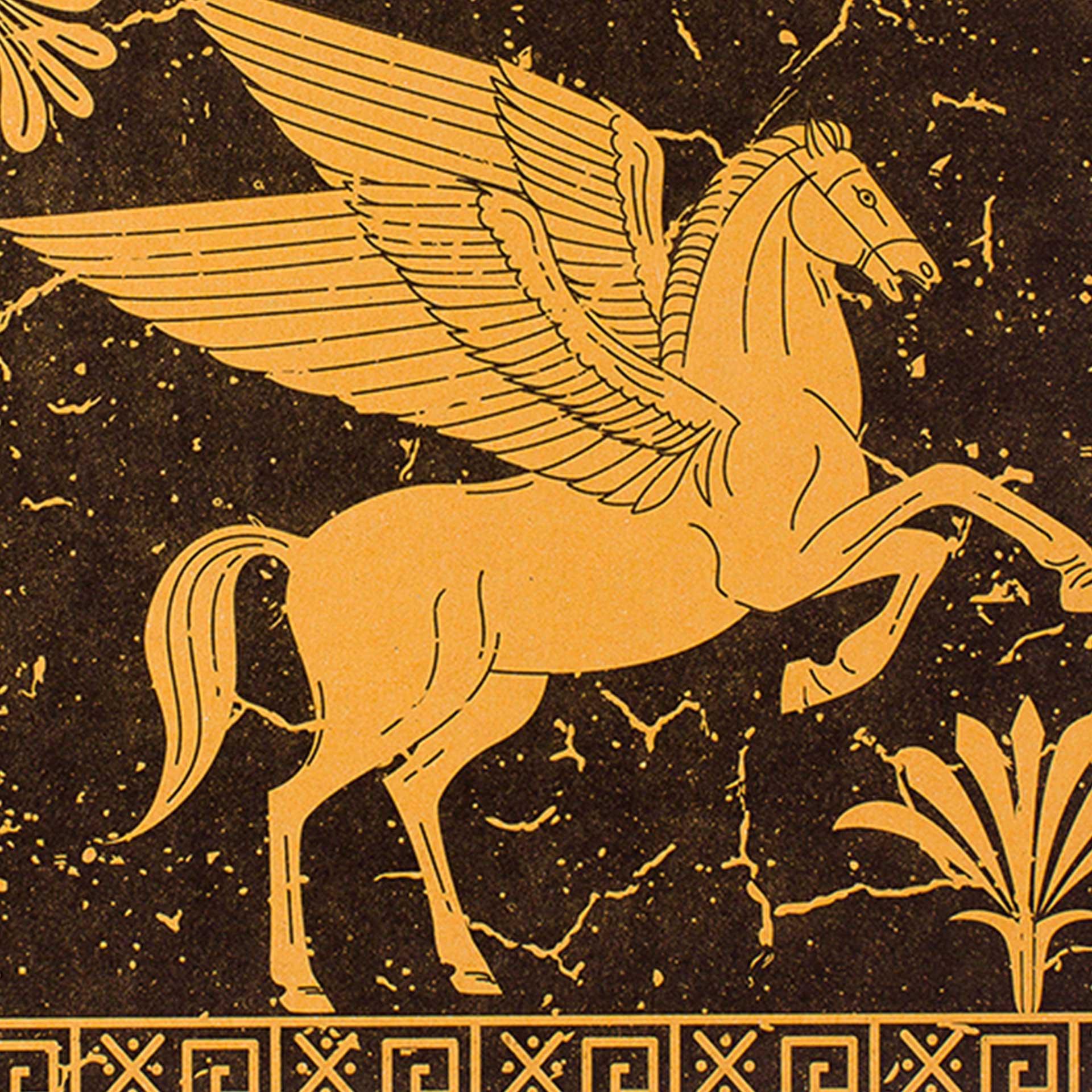 Closeup of a winged horse printed in yellow