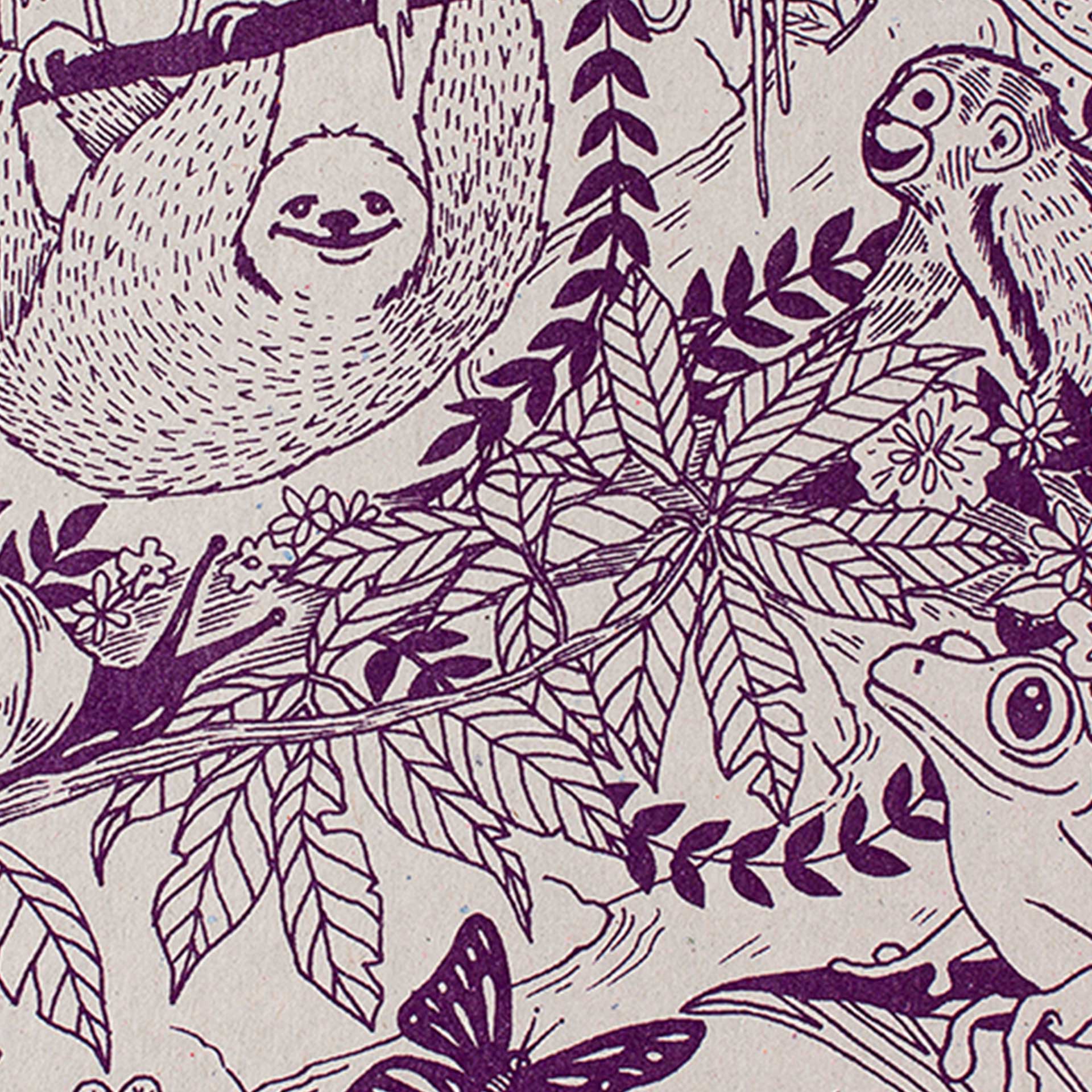 Closeup of jungle animals printed in purple