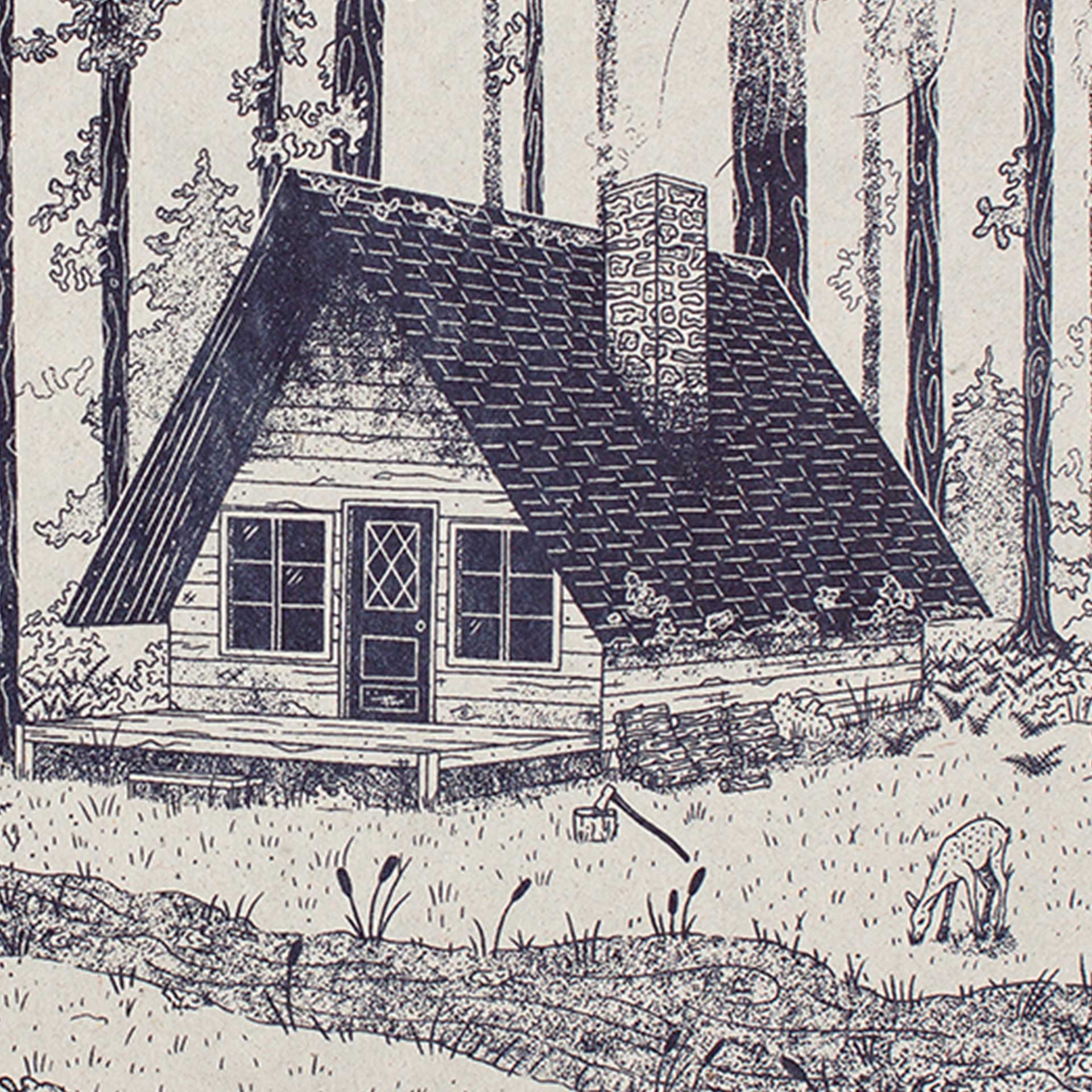 Closeup of a woodsy cabin in blue