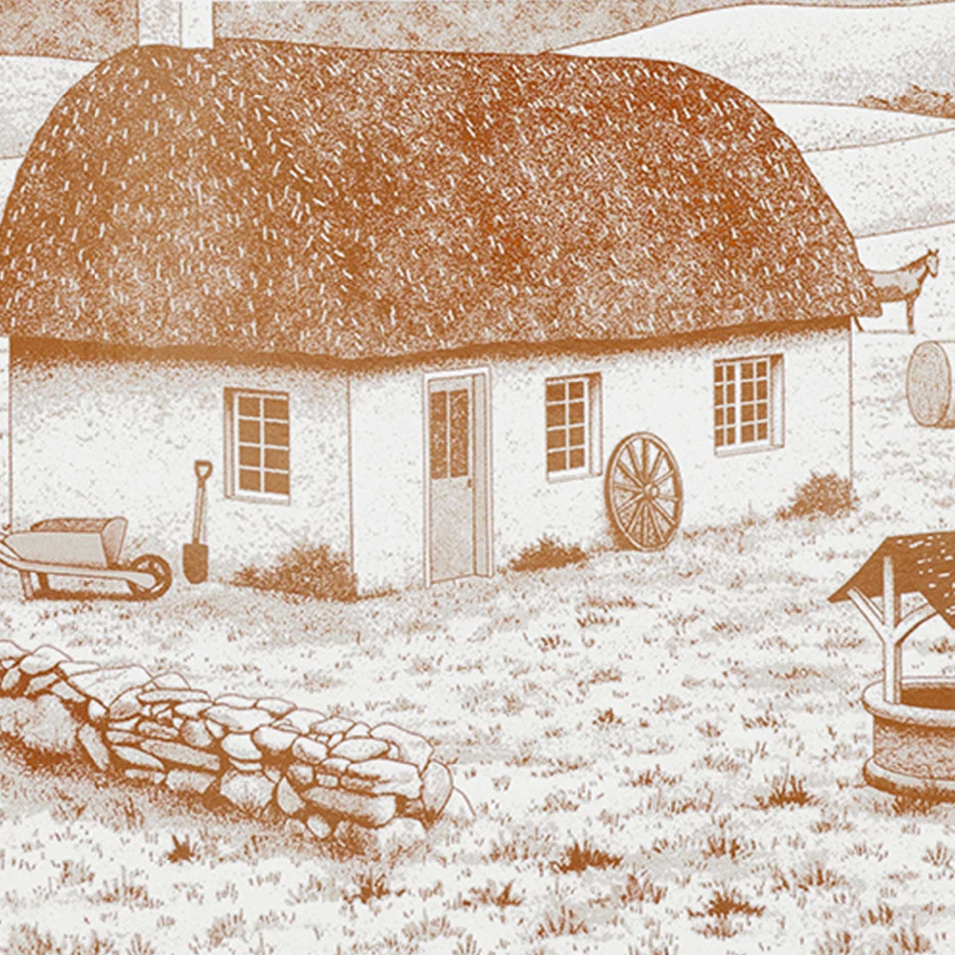 Closeup of a country farmhouse scene printed in brown