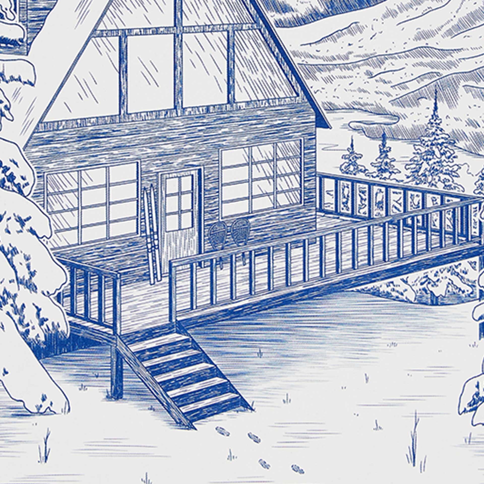 Closeup of a snowy ski cabin in blue