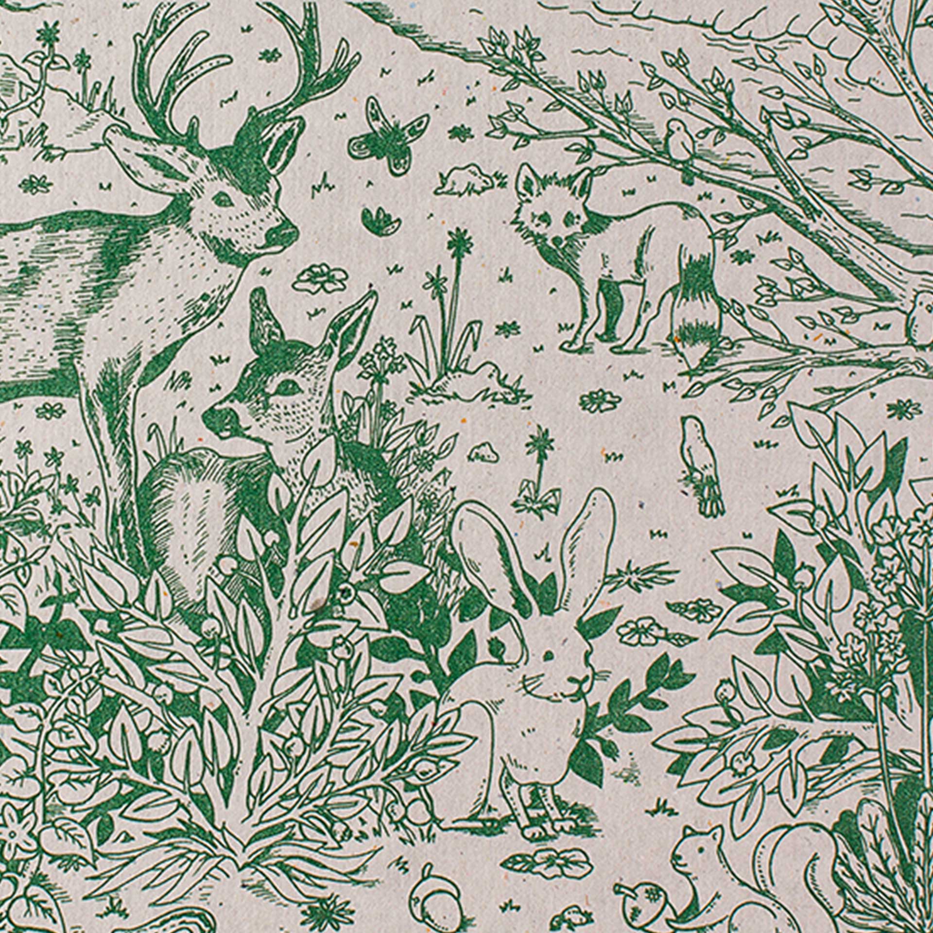 Closeup of woodland animals printed in green