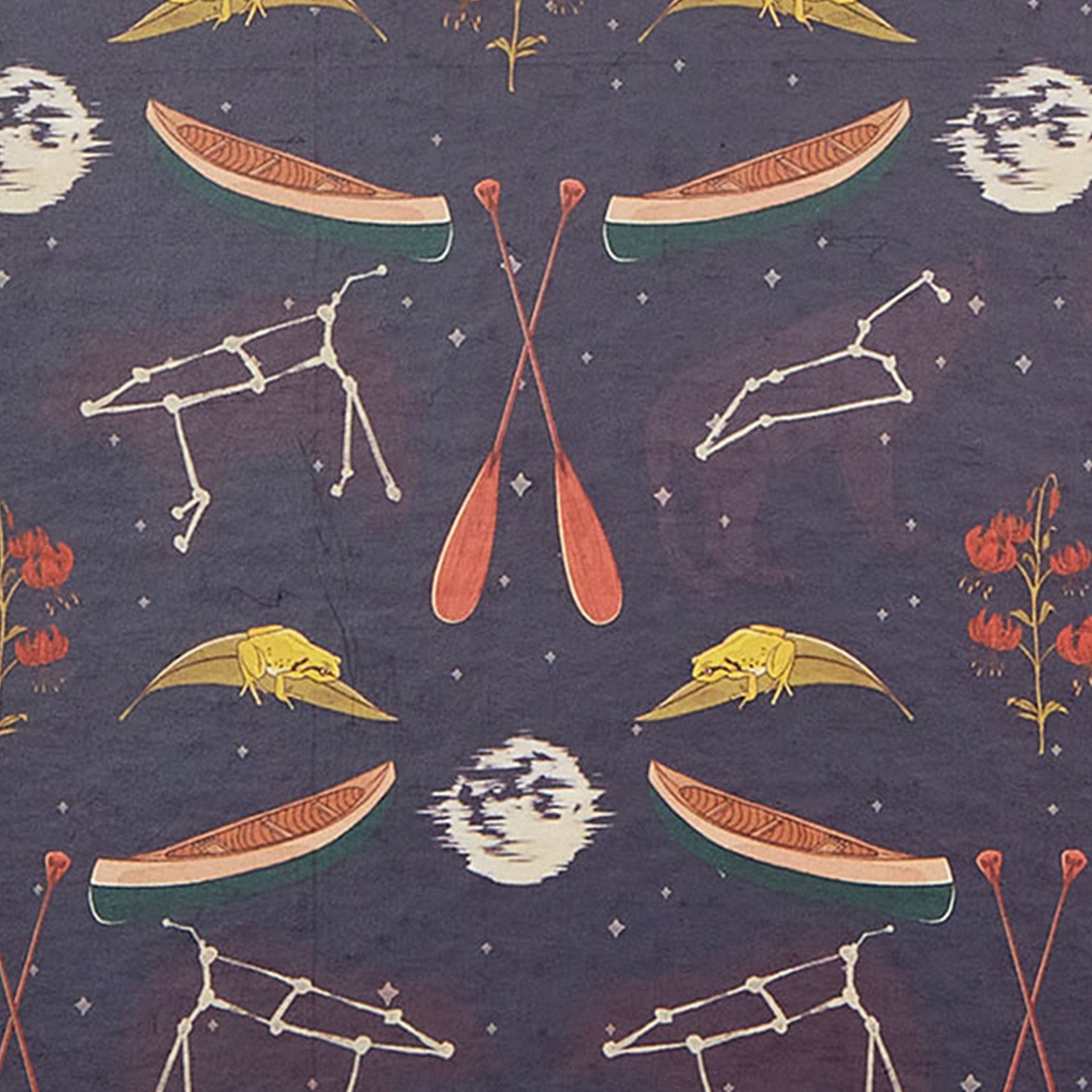 Closeup of printed canoes and constellations