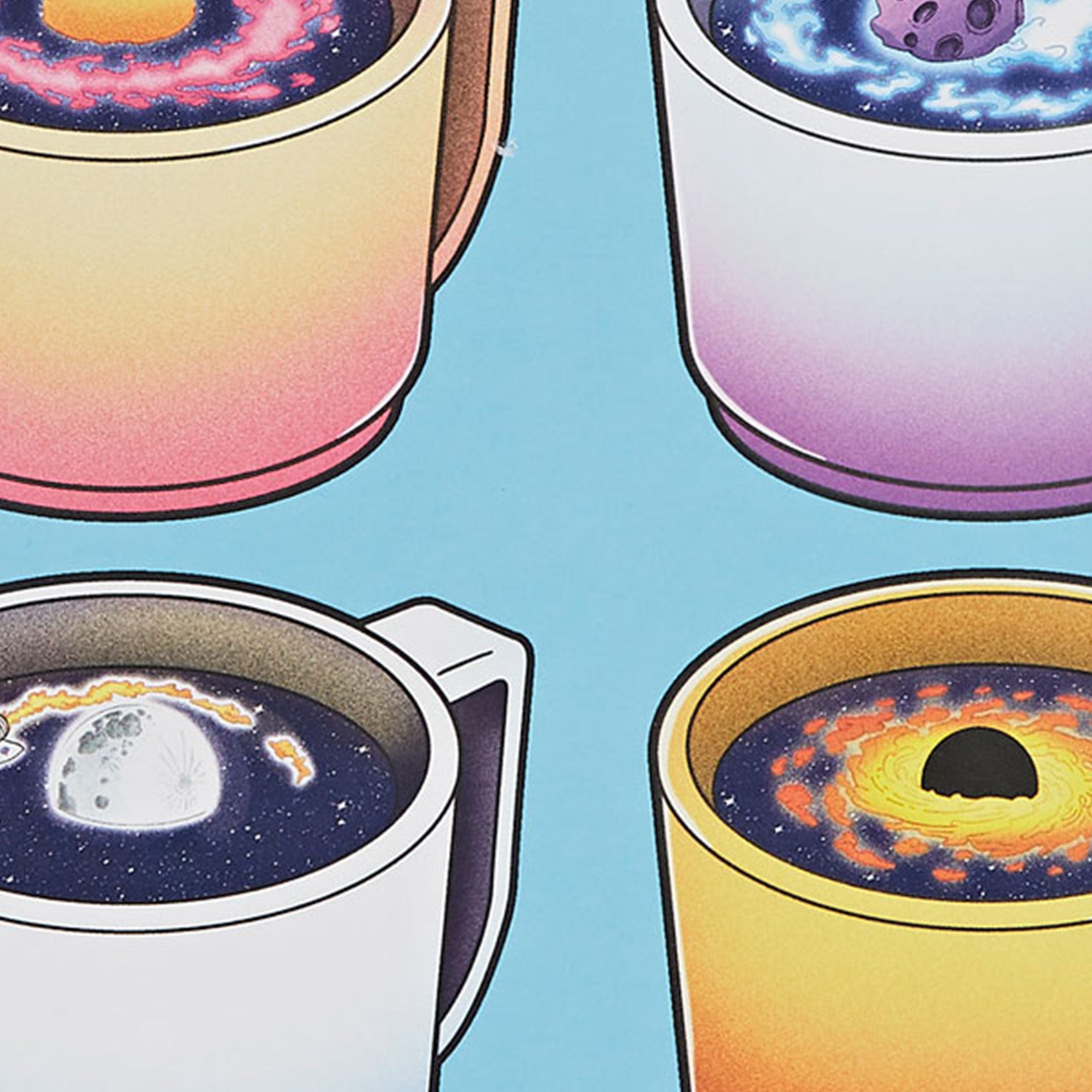 Closeup of coffee cups holding celestial objects