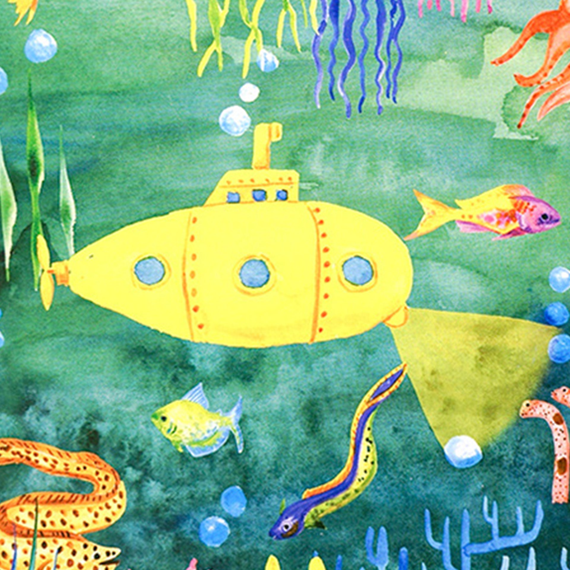 Closeup of vibrant sea life and a yellow submarine