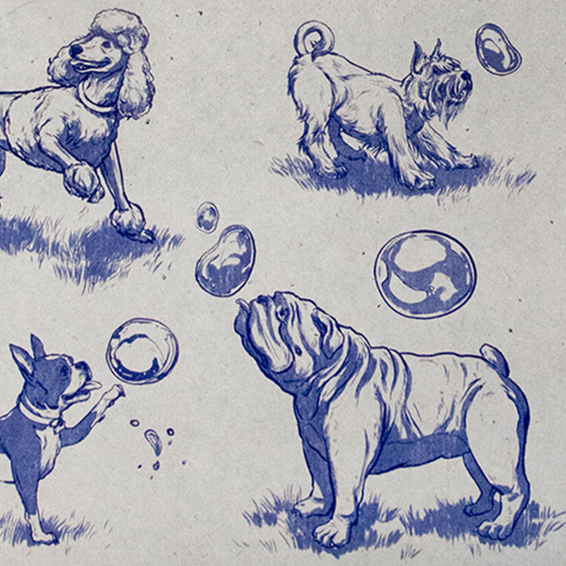 Closeup of printed dogs playing with bubbles