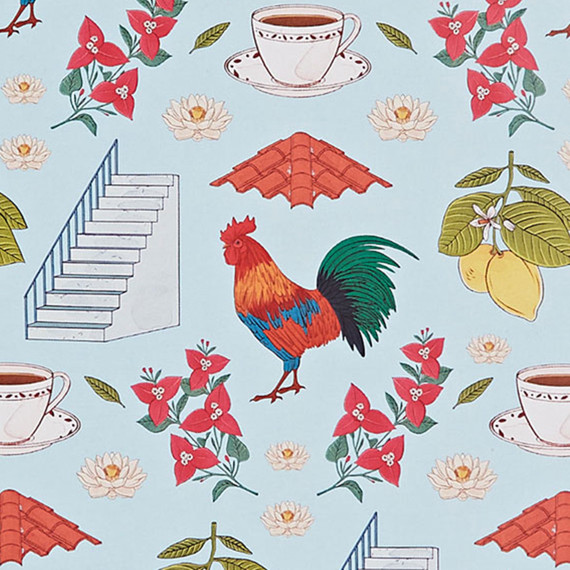 Closeup of printed roosters, coffee cups and lemons