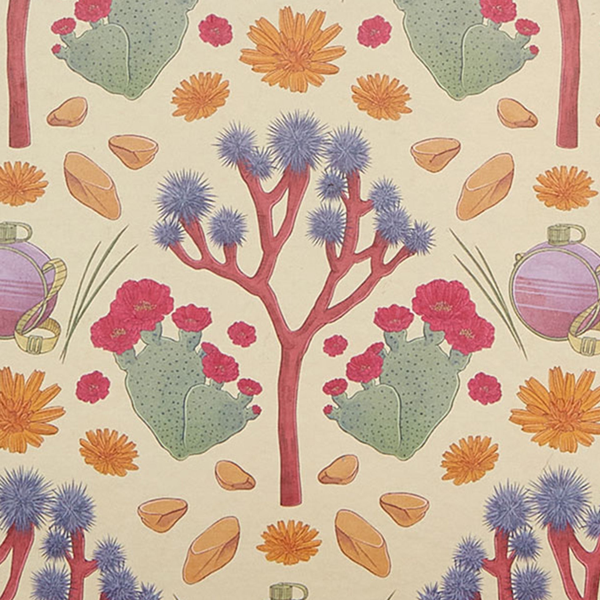 Closeup of desert trees and flowers on a tan background
