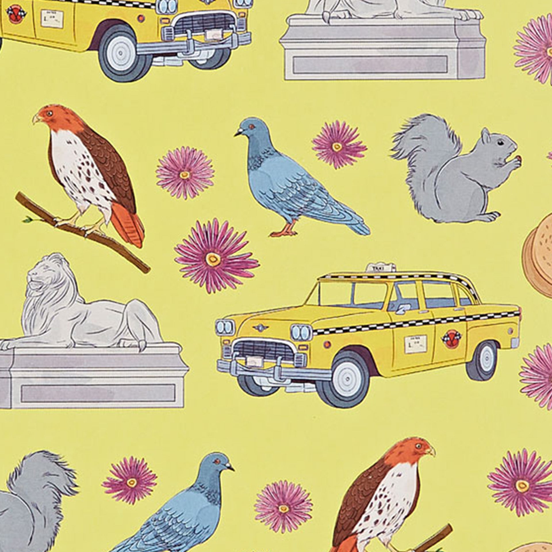 Closeup of New York taxicabs, squirrels and pigeons printed on yellow