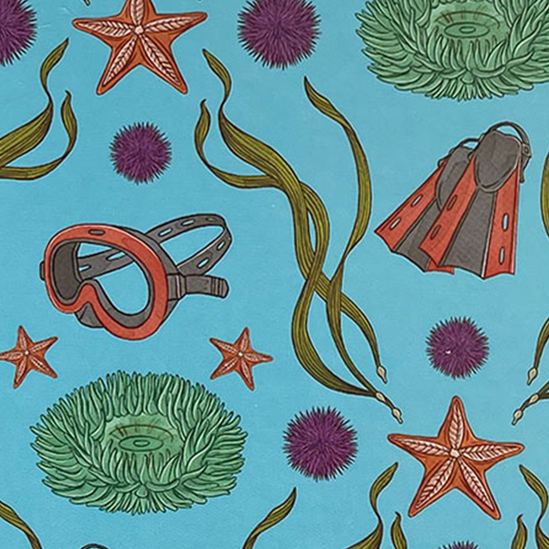 Closeup of snorkeling gear and sea urchins printed on blue