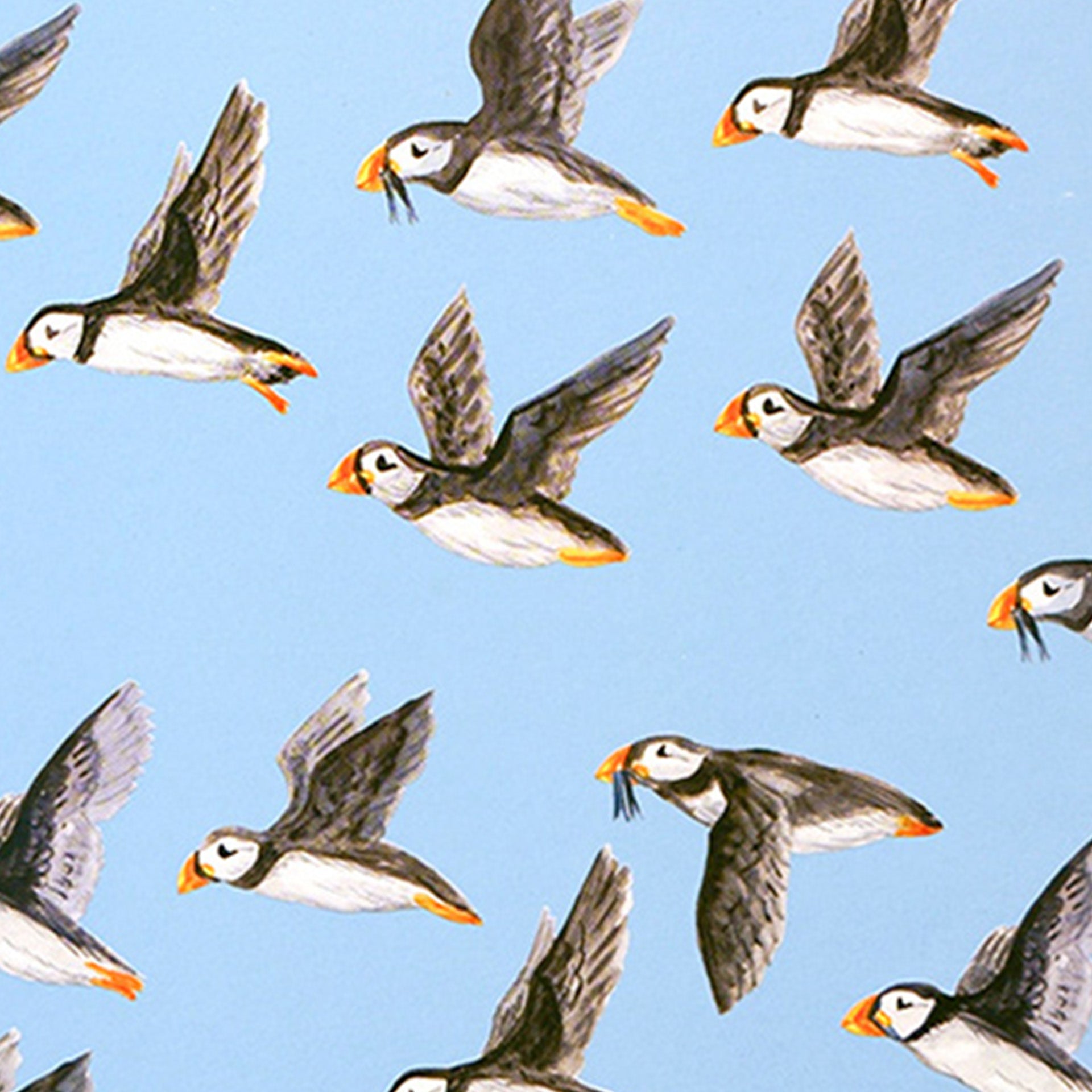 Closeup of flying birds printed on blue