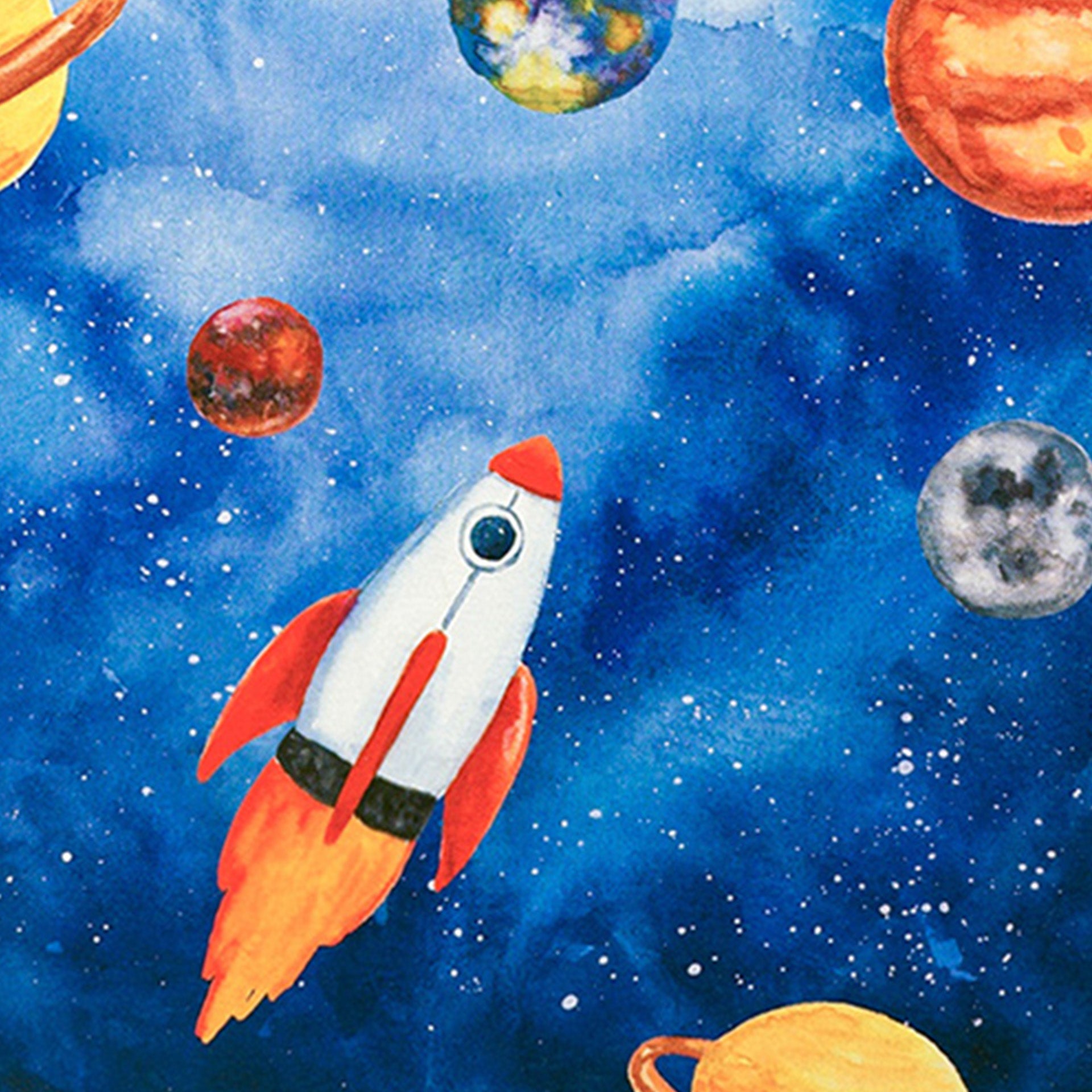 Closeup of a watercolor spaceship rocketing among planets