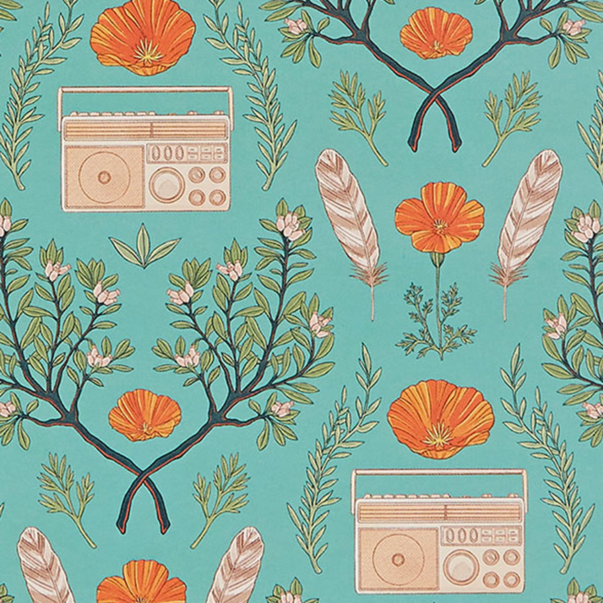 Closeup of a pattern of portable radios and orange flowers