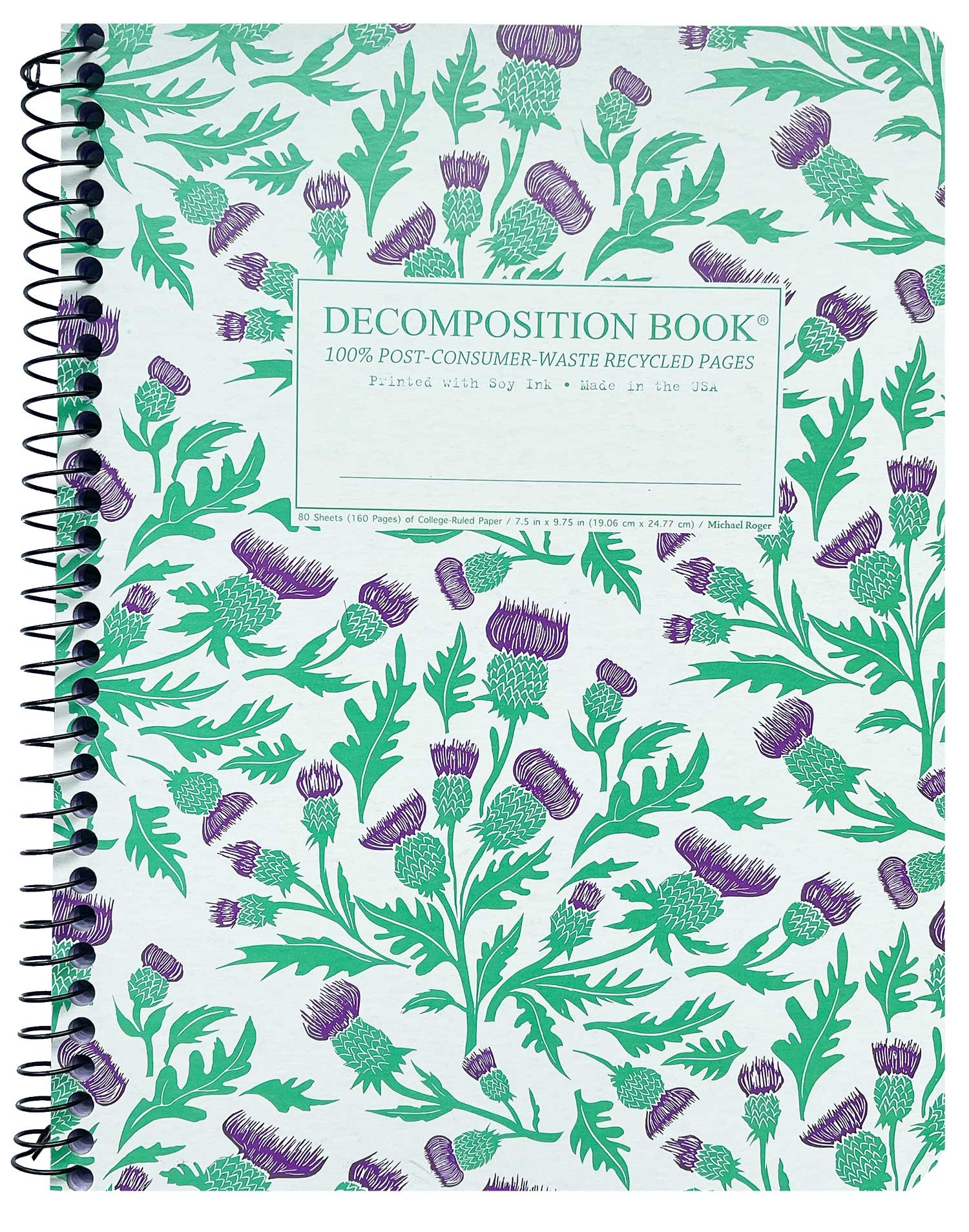 Spiral notebook printed with spiky purple and green flowers