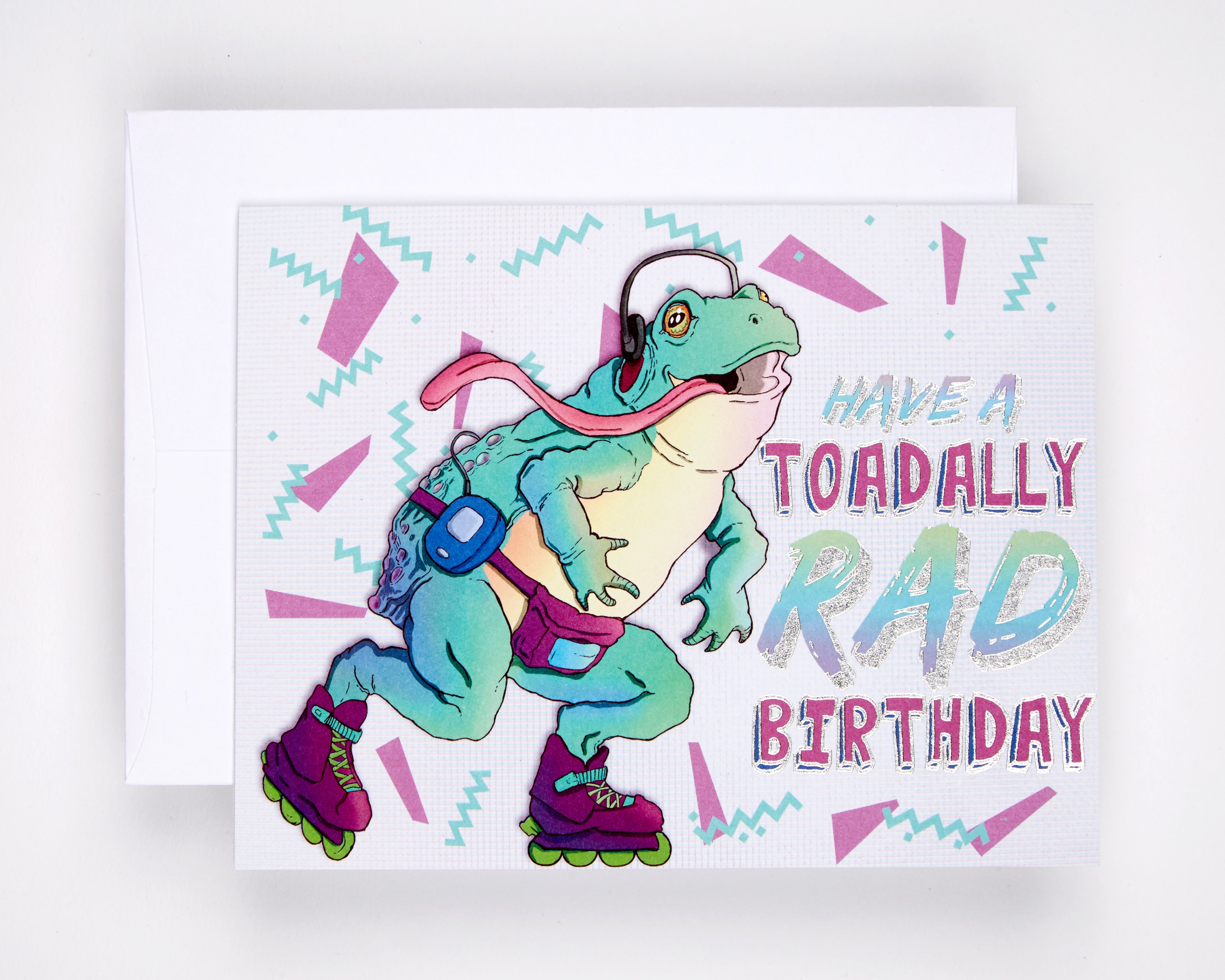 Greeting card with the text Have a Toadally Rad Birthday and a happy toad
