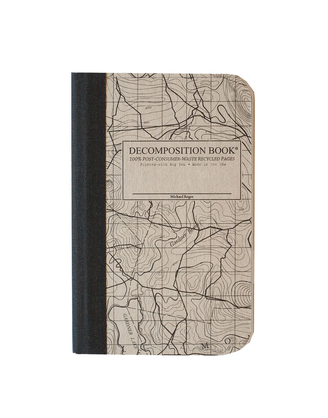 Composition notebook printed with a topographical map theme in gray