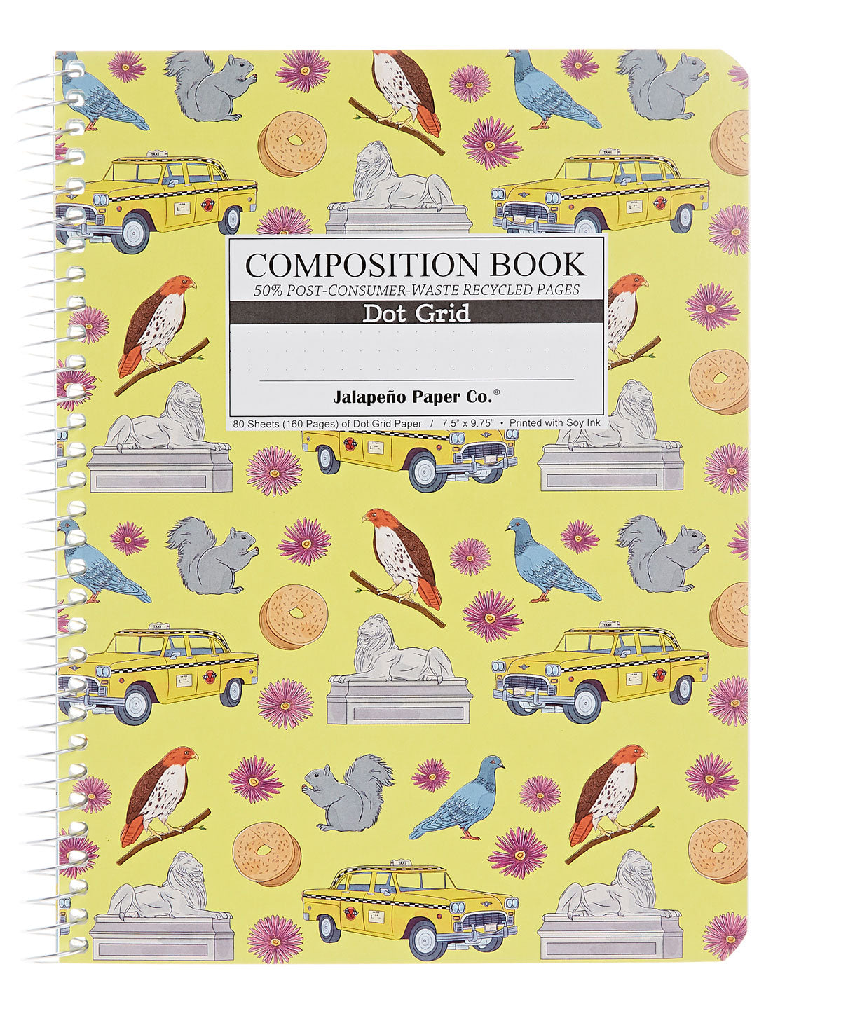 Spiral notebook printed with New York taxicabs, squirrels and pigeons on yellow
