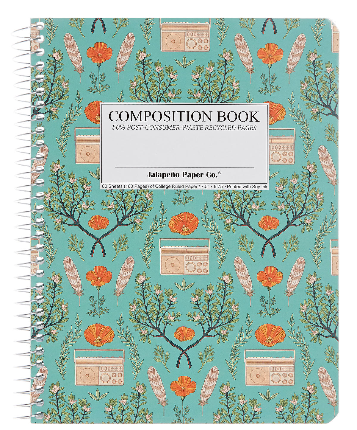 Spiral notebook printed with a pattern of portable radios and orange flowers