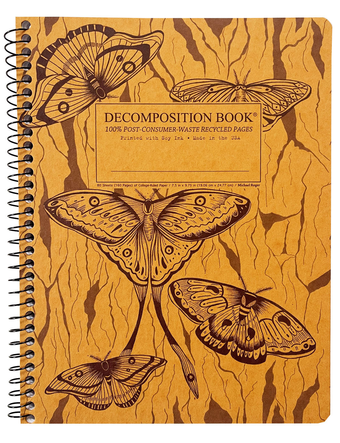 Spiral notebook printed with moths in brown and yellow