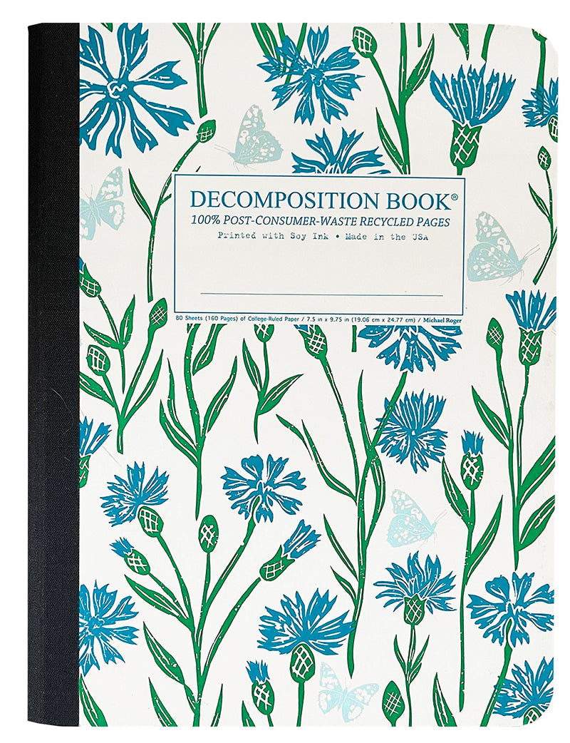 Composition notebook printed with a pattern of blue and green flowers