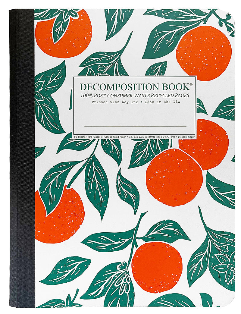 Composition notebook printed with vibrant oranges in orange and green